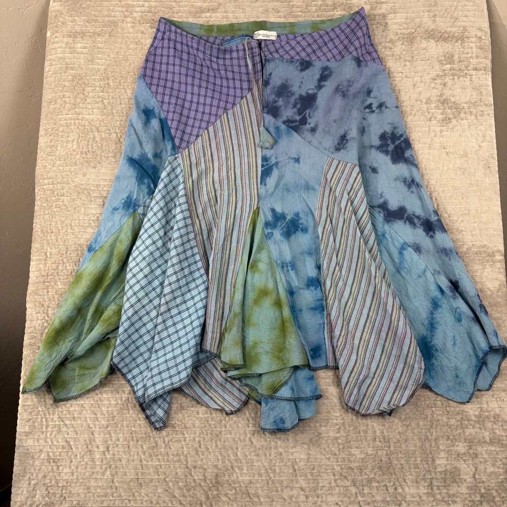 The Little Bazaar Patchwork Handkerchief Hem Midi Skirt Tie Dye Plaid Boho Blue